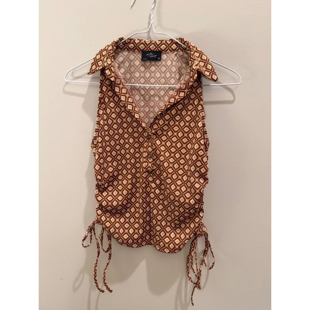 Retro Medium brown and white patterned halter top adjustable side drawstrings